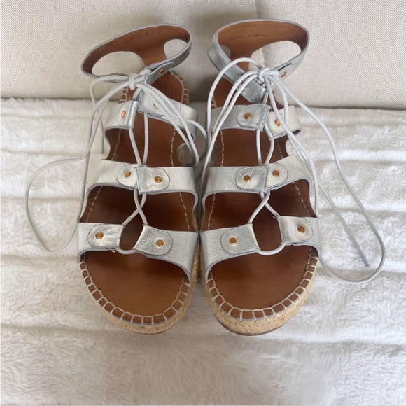 CHARLOTTE STONE Silver Metallic Leather Joni Gladiator Espadrille Sandals Sz 10 - Picture 6 of 16